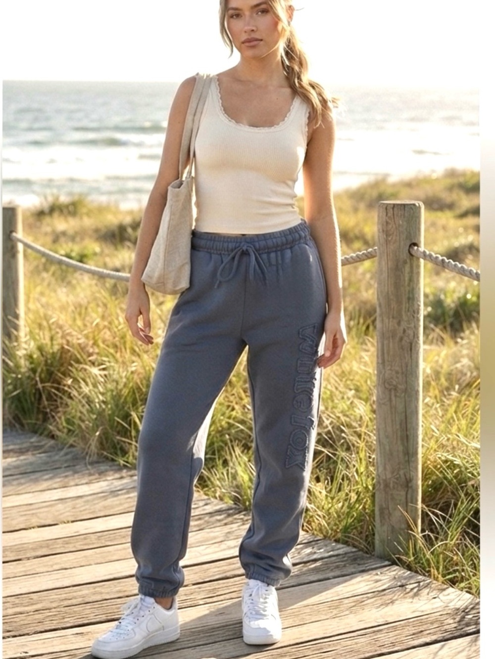 NWT WHITE FOX LARGE From The Archives Lexi Sweatpant OCEAN BLUE LOGO JOGGERS